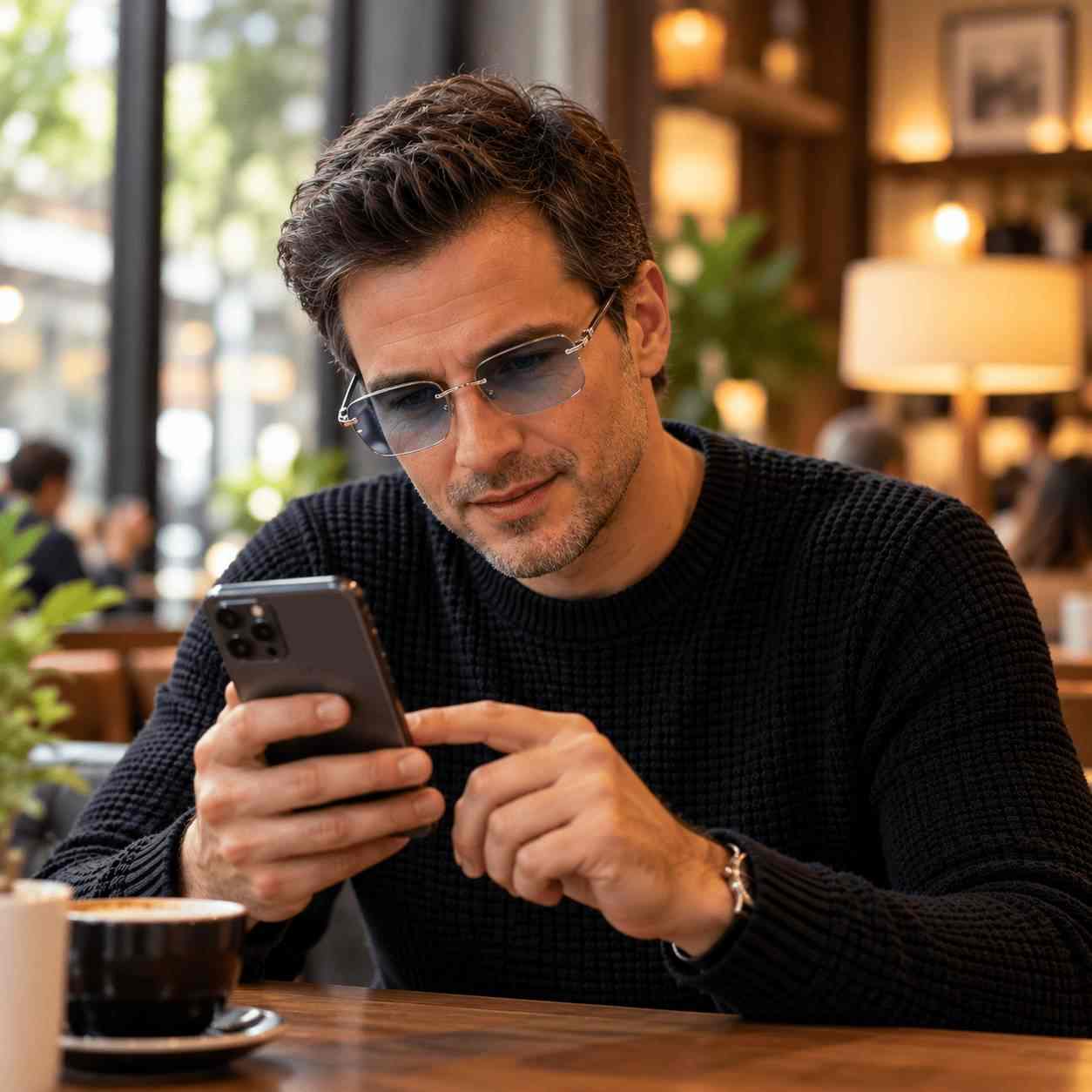 Man wearing tinted glasses while checking his phone at a café