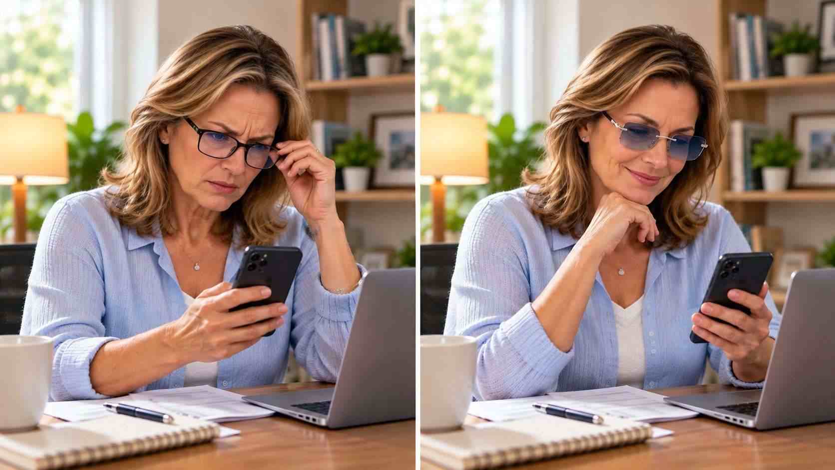 Side-by-side comparison of a woman looking at her phone while wearing different glasses