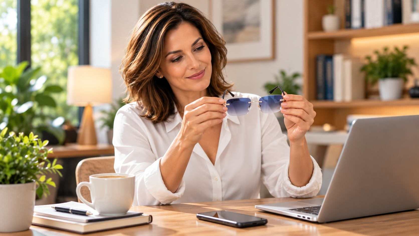 Woman examining her glasses at a desk with a laptop