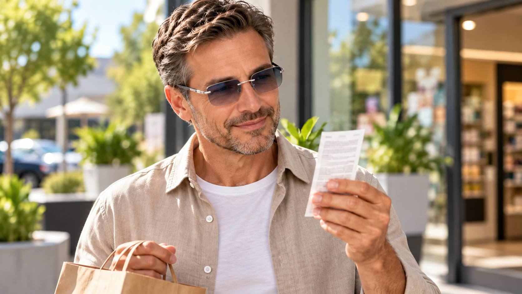 Man wearing tinted glasses reading a receipt outside a shop