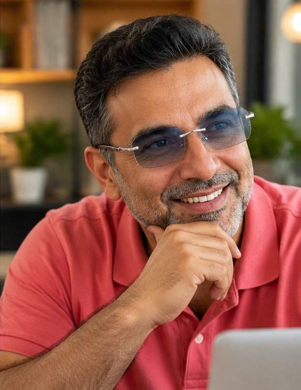 James wearing tinted glasses indoors