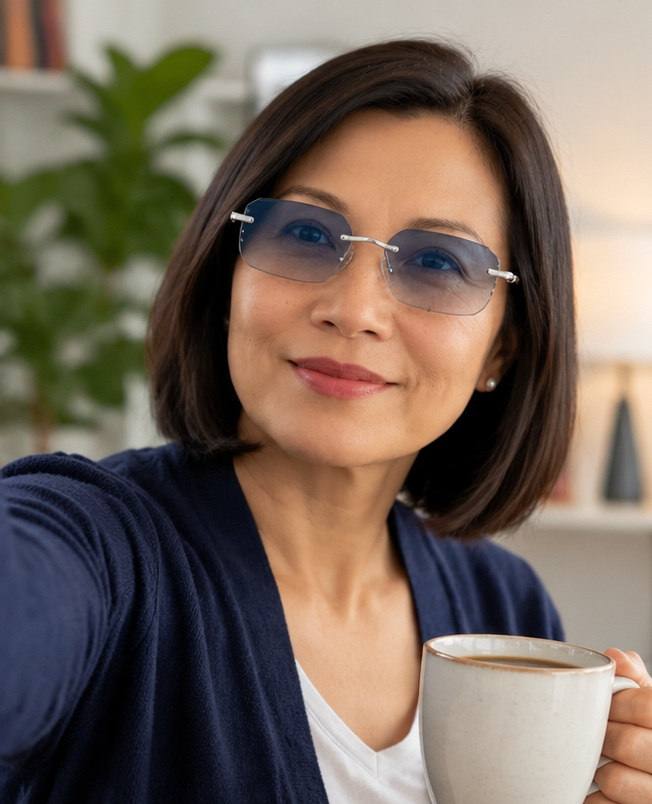 Linda wearing glasses while holding a cup