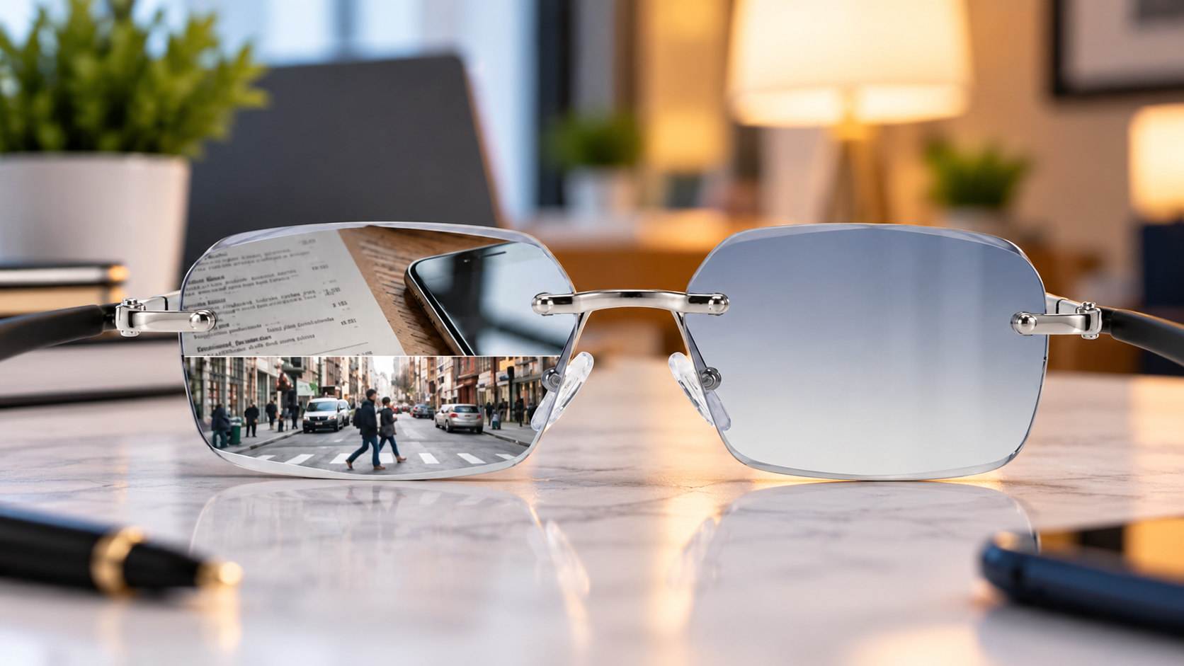Close-up of versatile glasses with different viewing areas