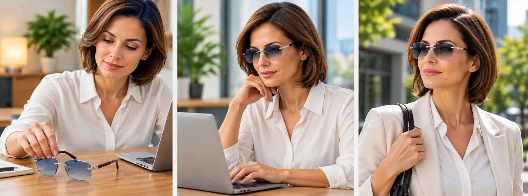 Three everyday moments: putting on glasses, working at a laptop, and going outdoors