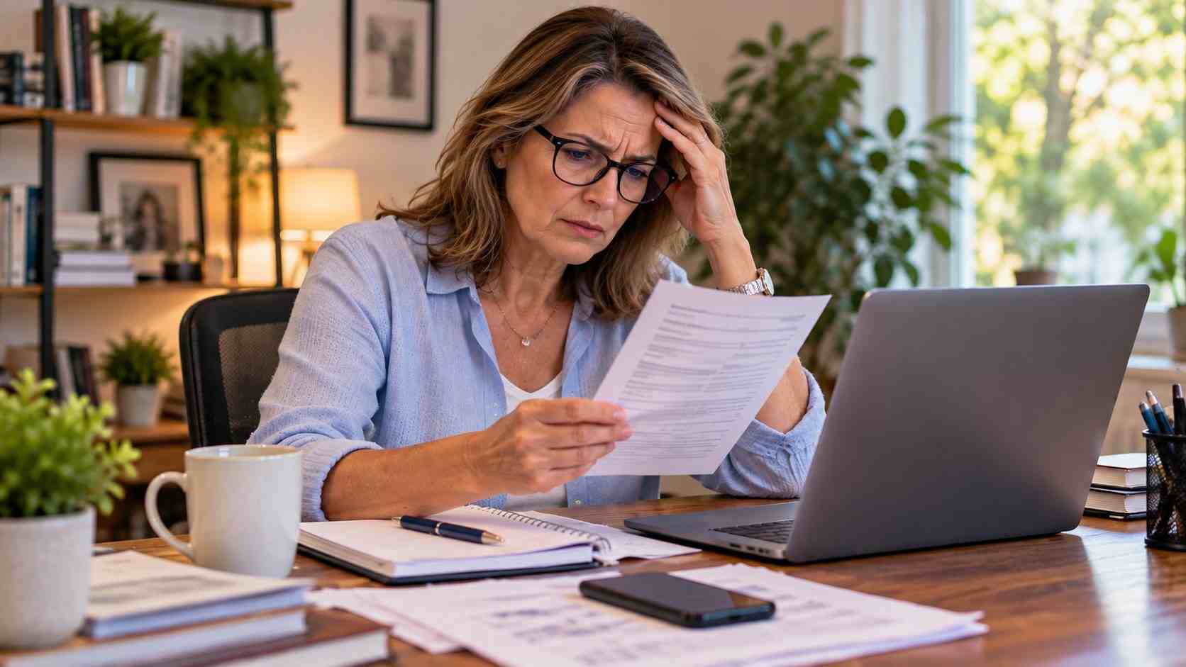 Woman reviewing a document beside her laptop while wearing glasses